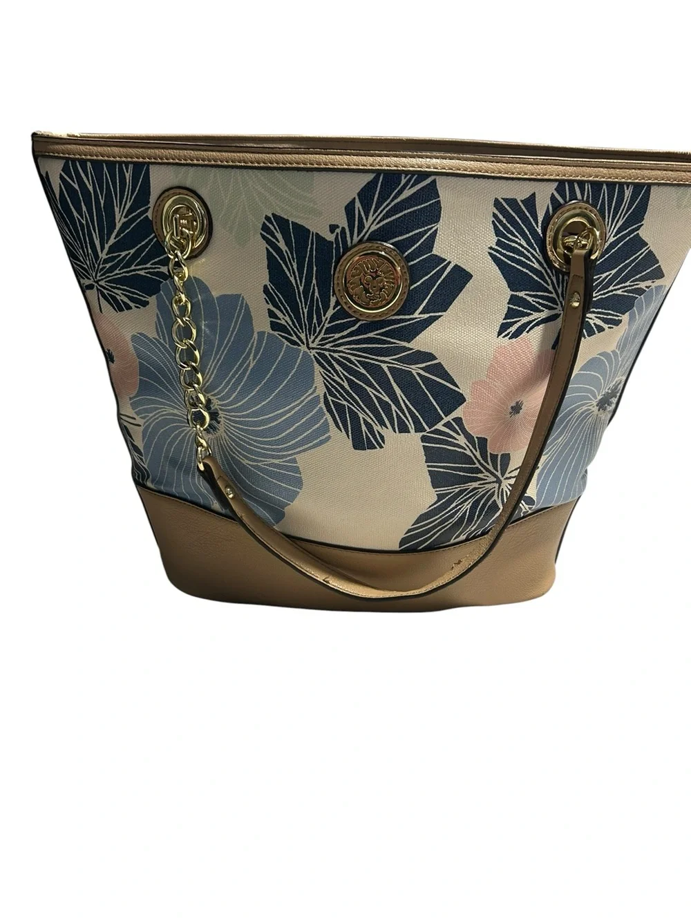 Anne Klein Floral Navy Blue and Pale Pink Tote with Tan Trim